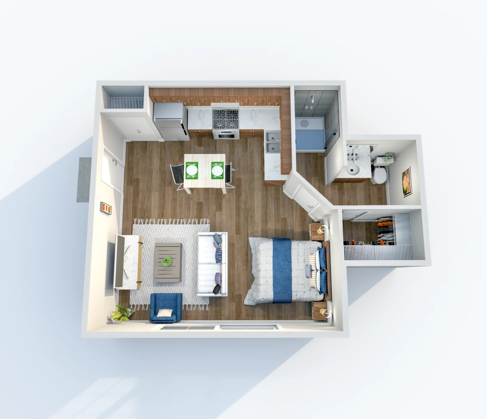 South and Madison — floor plan, Plan E1 · Studio · 1 bath · 448 sq ft